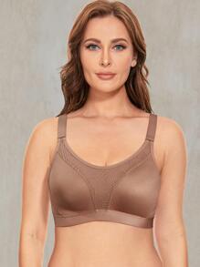 Wingslove Plus Size Contrast Mesh Full Coverage Wireless Sports Bra - Khaki - View 3