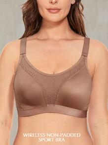 Wingslove Plus Size Contrast Mesh Full Coverage Wireless Sports Bra - Khaki - View 5