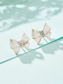 1對時尚鋅合金蝴蝶結裝飾耳釘適合女士日常裝飾 - 白色 - 查看 2