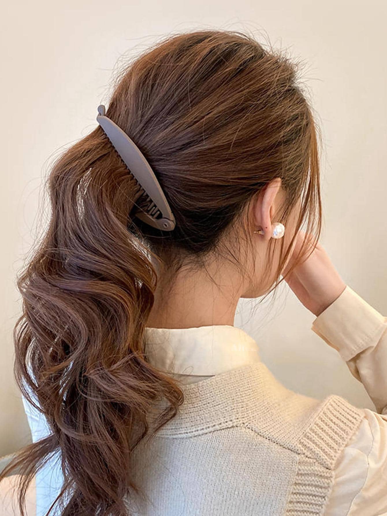 1入組簡約啞光香蕉夾，適合高馬尾，適用於日常休閒 - 卡其色 - 查看 1