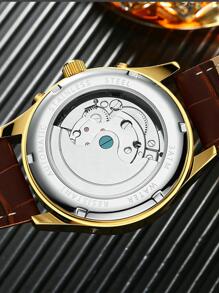 KINYUED 1pc Men'S Pu Leather Strap Business Casual Hollow Out Roman Number & Calendar & Night Light Decor Mechanical Wrist Watch For Daily Use - Brown - View 4