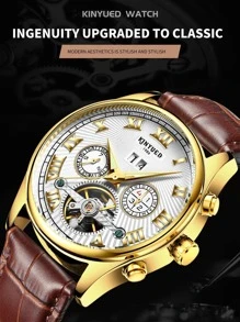 KINYUED 1pc Men'S Pu Leather Strap Business Casual Hollow Out Roman Number & Calendar & Night Light Decor Mechanical Wrist Watch For Daily Use - Brown - View 2