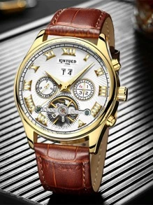 KINYUED 1pc Men'S Pu Leather Strap Business Casual Hollow Out Roman Number & Calendar & Night Light Decor Mechanical Wrist Watch For Daily Use - Brown - View 3
