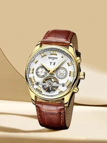 KINYUED 1pc Men'S Pu Leather Strap Business Casual Hollow Out Roman Number & Calendar & Night Light Decor Mechanical Wrist Watch For Daily Use - Brown - View 1