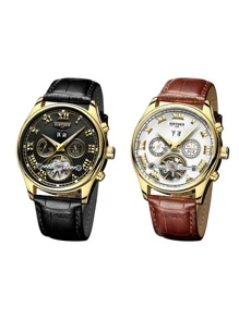 KINYUED 1pc Men'S Pu Leather Strap Business Casual Hollow Out Roman Number & Calendar & Night Light Decor Mechanical Wrist Watch For Daily Use - Brown - View 8