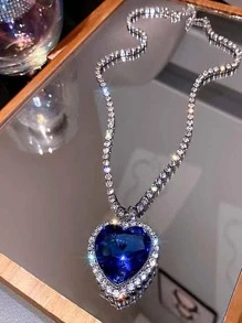 1入組時尚玻璃水鑽心形墜飾項鍊適合女士日常裝飾 - 銀色 - 查看 4