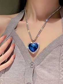 1入組時尚玻璃水鑽心形墜飾項鍊適合女士日常裝飾 - 銀色 - 查看 1