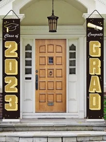 2入組/套學士帽和字母圖形對聯畢業派對經典滌綸橫幅 - 黑色 - 查看 2