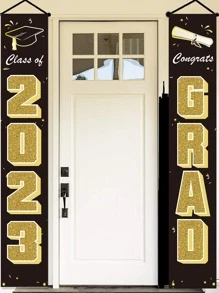 2入組/套學士帽和字母圖形對聯畢業派對經典滌綸橫幅 - 黑色 - 查看 1