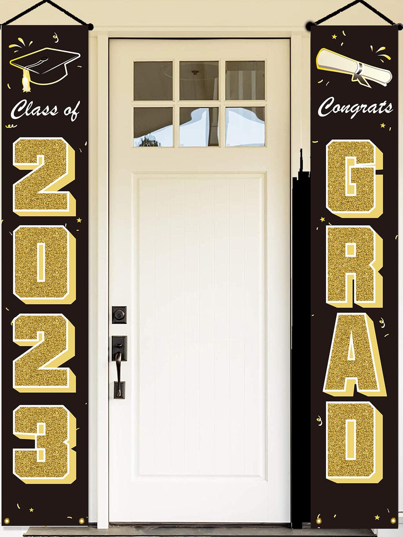 2入組/套學士帽和字母圖形對聯畢業派對經典滌綸橫幅 - 黑色 - 查看 1