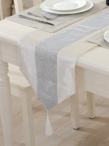 1 chiếc khăn trải bàn trang trí đính đá Rhinestone, khăn trải bàn bếp trang trí tua rua Polyester hiện đại cho bàn ăn - trắng - Xem 1