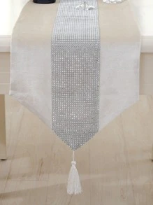 1 chiếc khăn trải bàn trang trí đính đá Rhinestone, khăn trải bàn bếp trang trí tua rua Polyester hiện đại cho bàn ăn - trắng - Xem 3