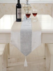 1 chiếc khăn trải bàn trang trí đính đá Rhinestone, khăn trải bàn bếp trang trí tua rua Polyester hiện đại cho bàn ăn - trắng - Xem 4