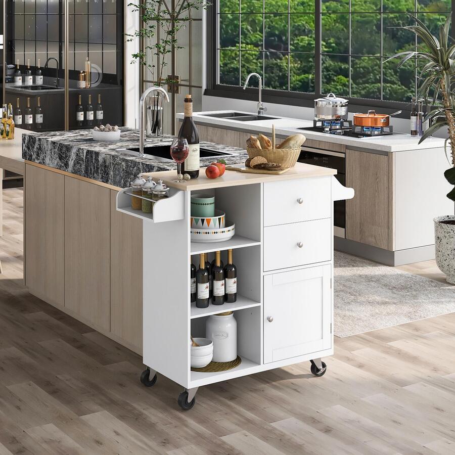 MERAX Kitchen Cart Of 4 Wheels With 2 Drawers And 3 Open Shelves, Kitchen Island With Rubber Wood Top For Dinning Room - 白色 - 查看 1