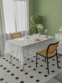 1pc Flower Design Hollow Out Tablecloth, Modern Polyester Tassel Decor Dust Proof Table Cover For Dining Table - White - View 2