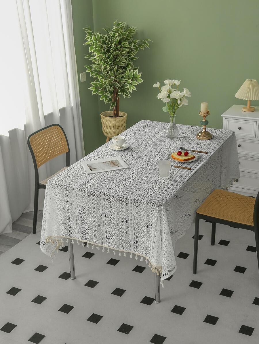 1pc Flower Design Hollow Out Tablecloth, Modern Polyester Tassel Decor Dust Proof Table Cover For Dining Table - White - View 1