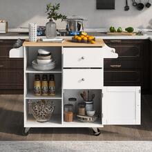 MERAX Kitchen Cart Of 4 Wheels With 2 Drawers And 3 Open Shelves, Kitchen Island With Rubber Wood Top For Dinning Room - 白色 - 查看 5