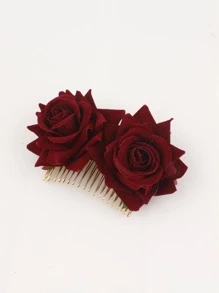 1pc Women's Premium Velvet Burgundy Rose Flower Metal Hair Comb, Bohemian Bridal Wedding Decorative Faux Flower Hair Clip, Suitable For Vacation, Party, Prom, Evening Dress Accessories, Hair Accerssories, New Year Glamour