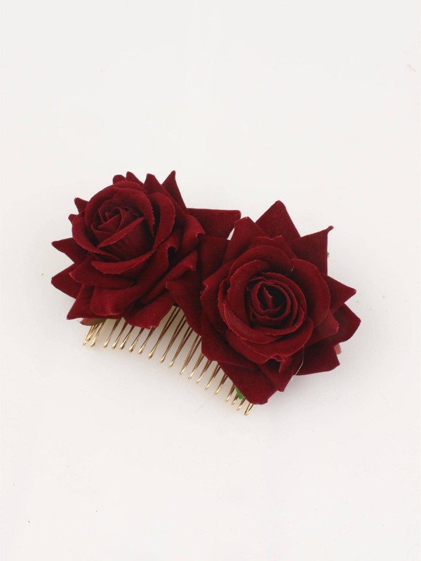 1 pièce Peigne à cheveux en métal avec fleur de rose bordeaux en velours premium pour femmes, accessoire de cheveux décoratif en fleur fausse bohème pour mariage et mariée, convient pour les vacances, les fêtes, les bals de promo, les accessoires de robe du soir