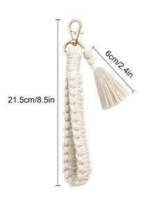 Hand Woven Tassel Keychain Keyrings Lanyard Braided Key Fob Strap Lobster Claw Bohemian Bracelet Gift Wrist Strap Bag Pendant Accessories Key Chain Charms Crochet Key Lanyard - White - View 2
