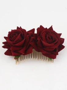 1pc Women's Premium Velvet Burgundy Rose Flower Metal Hair Comb, Bohemian Bridal Wedding Decorative Faux Flower Hair Clip, Suitable For Vacation, Party, Prom, Evening Dress Accessories, Hair Accerssories, New Year Glamour