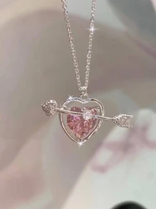 1入組時尚鋅合金水鑽心和箭頭吊墜項鏈適合女士適用於禮品 - 銀色 - 查看 2