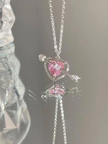 1入組時尚鋅合金水鑽心和箭頭吊墜項鏈適合女士適用於禮品 - 銀色 - 查看 3