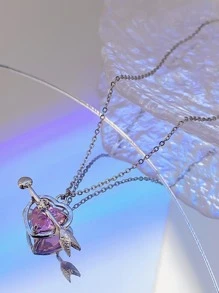 1入組時尚鋅合金水鑽心和箭頭吊墜項鏈適合女士適用於禮品 - 銀色 - 查看 5