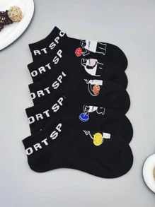 5 đôi Vớ mắt cá chân giản dị họa tiết hình chó & chữ cái cho cuộc sống hàng ngày - màu đen - Xem 3
