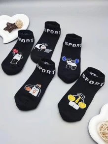 5 đôi Vớ mắt cá chân giản dị họa tiết hình chó & chữ cái cho cuộc sống hàng ngày - màu đen - Xem 4