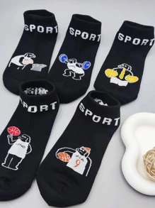 5 đôi Vớ mắt cá chân giản dị họa tiết hình chó & chữ cái cho cuộc sống hàng ngày - màu đen - Xem 5