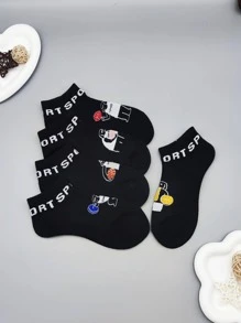 5 đôi Vớ mắt cá chân giản dị họa tiết hình chó & chữ cái cho cuộc sống hàng ngày - màu đen - Xem 2