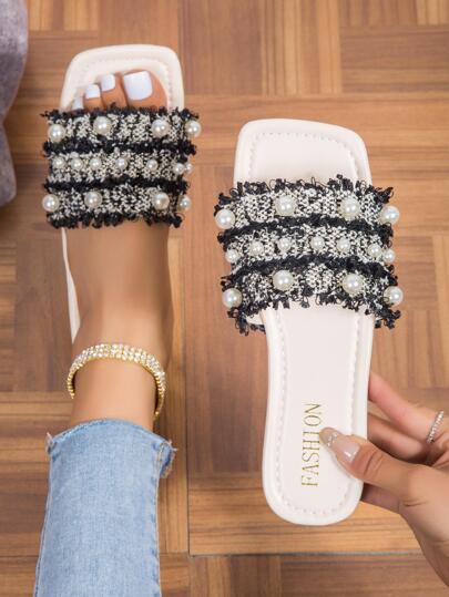 Women Faux Pearl Decor Slide Sandals, Fabric Elegant Sandals