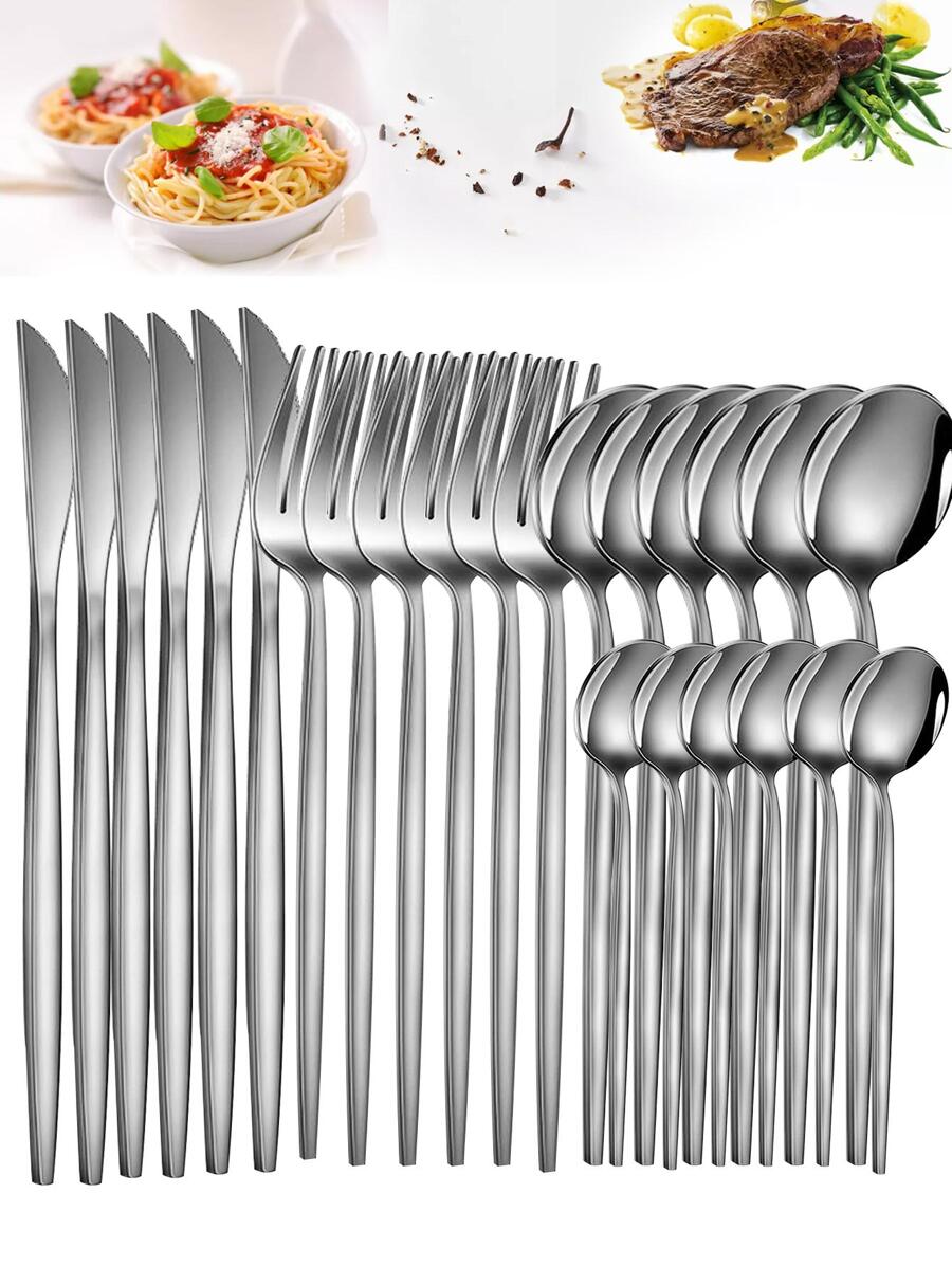 24pcs Stainless Steel Cutlery Set, Dinner Spoon & Fork & Knife Set For Party - Silver - View 1