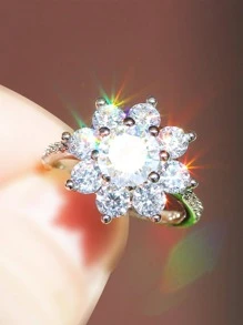 奢華發亮花卉圖案方晶鋯石戒指浪漫婚禮訂婚定情戒指週年禮物每天 - 白色 - 查看 1