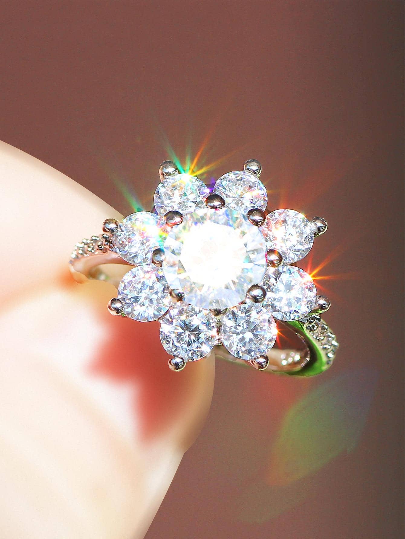 奢華發亮花卉圖案方晶鋯石戒指浪漫婚禮訂婚定情戒指週年禮物每天 - 白色 - 查看 1