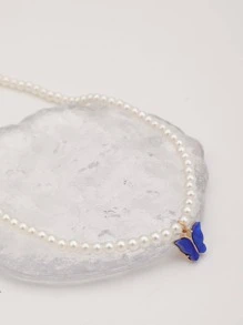 1入組隨機精美人造珍珠裝飾蝴蝶墜飾串珠項鏈適合女士日常裝飾 - 藍色 - 查看 5