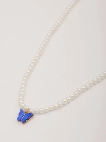 1入組隨機精美人造珍珠裝飾蝴蝶墜飾串珠項鏈適合女士日常裝飾 - 藍色 - 查看 4