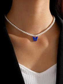 1入組隨機精美人造珍珠裝飾蝴蝶墜飾串珠項鏈適合女士日常裝飾 - 藍色 - 查看 1