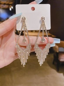 Rhinestone Tassel Drop Earrings - Yellow Gold - View 1