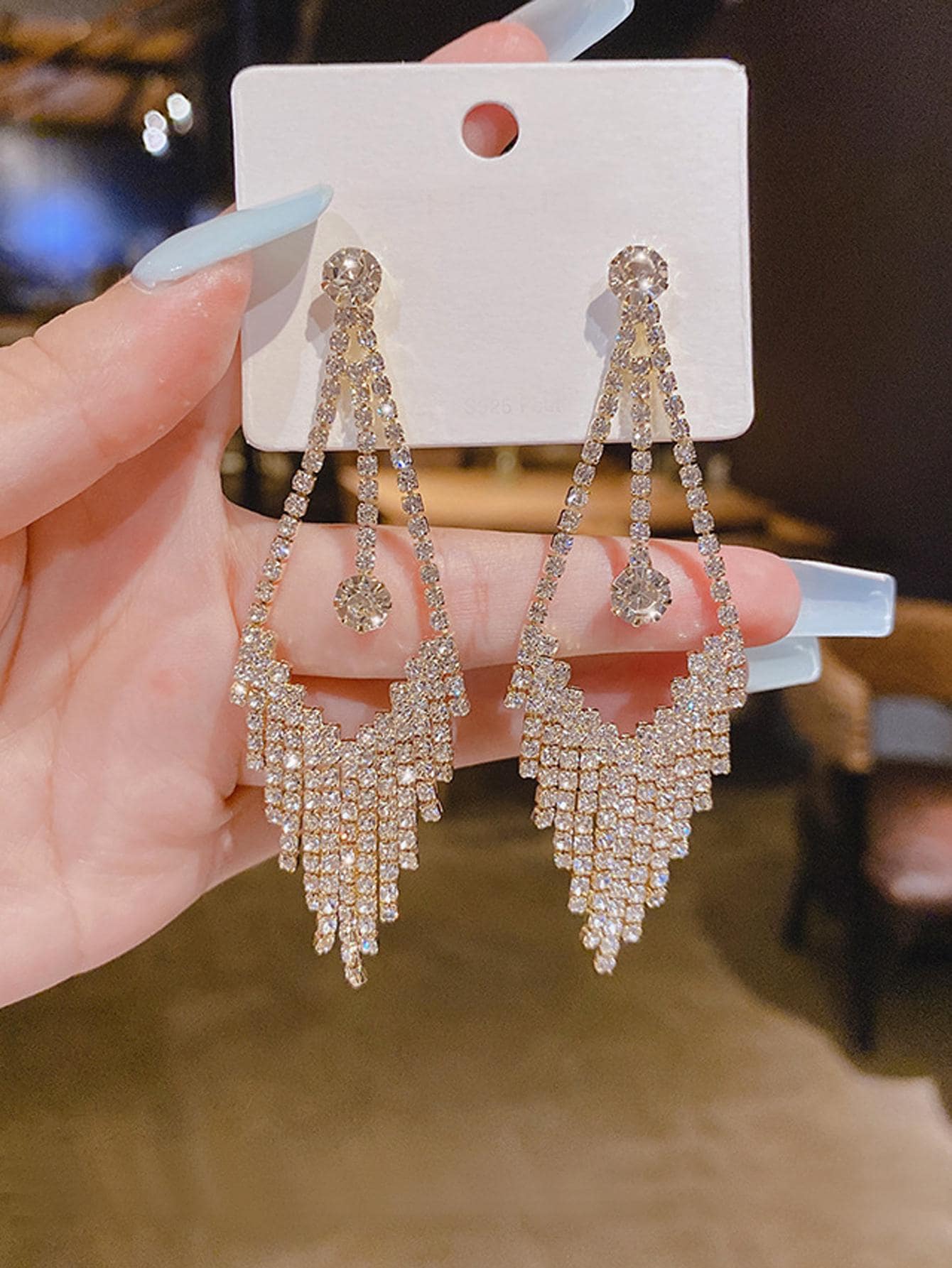 Rhinestone Tassel Drop Earrings - Yellow Gold - View 1