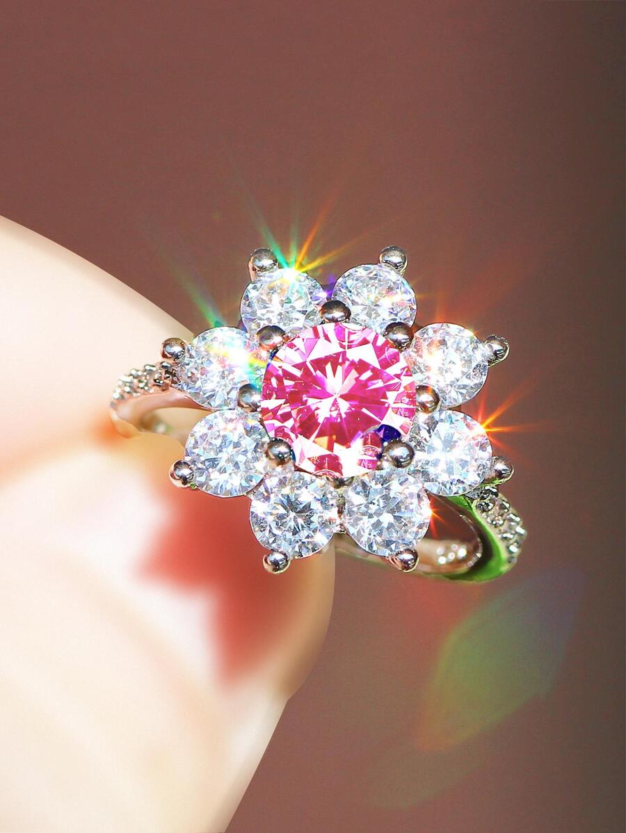 奢華發亮花卉圖案方晶鋯石戒指浪漫婚禮訂婚定情戒指週年禮物每天 - 粉色 - 查看 1