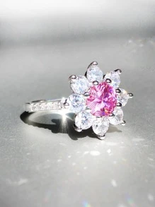 奢華發亮花卉圖案方晶鋯石戒指浪漫婚禮訂婚定情戒指週年禮物每天 - 粉色 - 查看 5