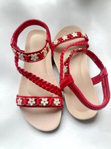 Phụ nữ trang trí hoa Thiết kế bện Xăng đan có dây đeo mắt cá chân, Xăng đan đi nghỉ - Đỏ - Xem 2