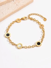 適合女性日常佩戴的不鏽鋼法式時尚黑白貝殼羅馬數字手鐲 - 彩色 - 查看 1