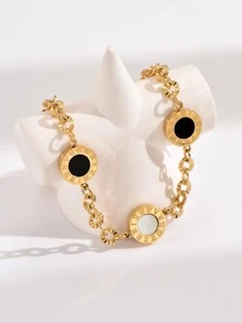 適合女性日常佩戴的不鏽鋼法式時尚黑白貝殼羅馬數字手鐲 - 彩色 - 查看 2