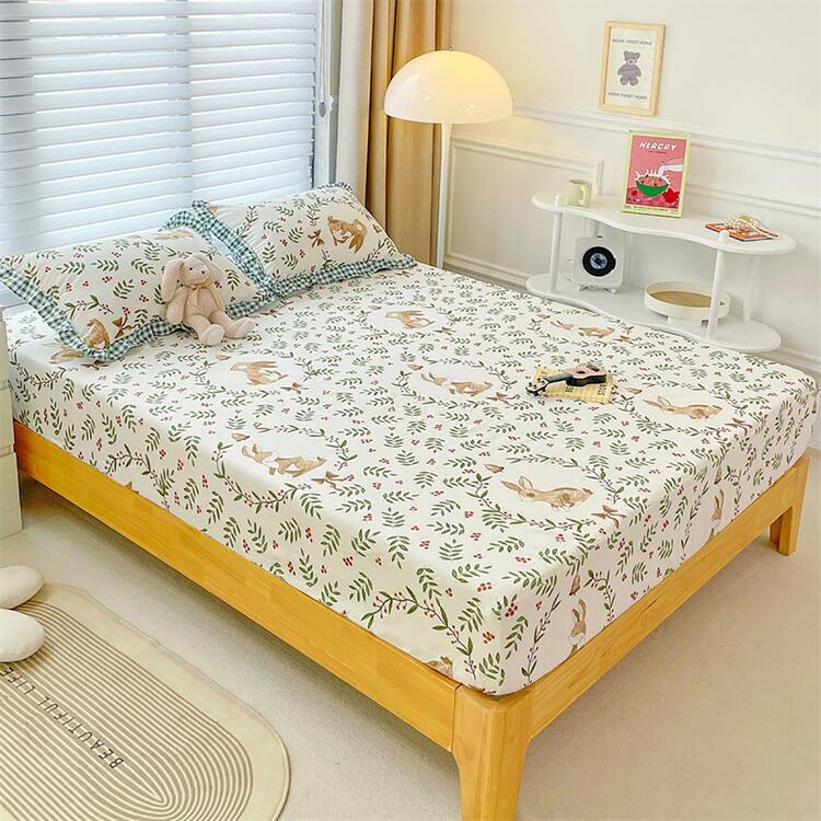 1pc Rabbit & Plant Pattern Fitted Sheet, Modern Fabric Multi-size Fitted Bottom Sheet For Bed - Multicolor - View 3