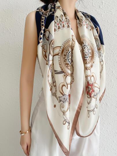 1入組女士鏈條印花時尚圍巾，適用於日常生活，可作為頭巾、頭帶或髮帶，是裝扮造型的理想選擇