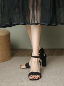 女士蝴蝶結裝飾踝帶仿麂皮粗跟優雅涼鞋 - 黑色 - 查看 3