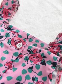 Bộ thời trang bé gái viền lá sen Viên lá sen Nút phía trước Hoa Tất cả trên in Boho - Hồng - Xem 3